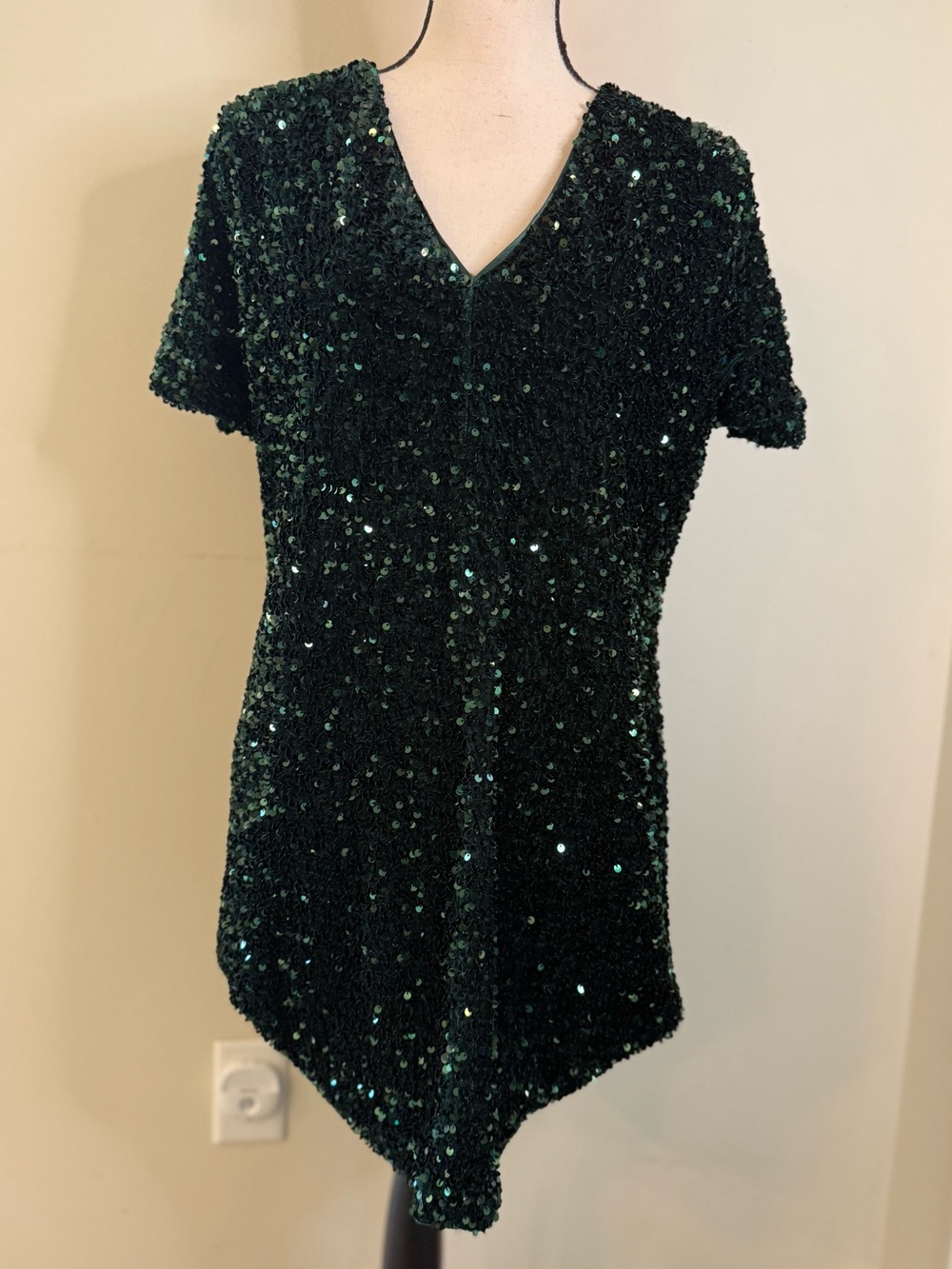 Alex Marie teal green sequined short sleeve shift dress LG
